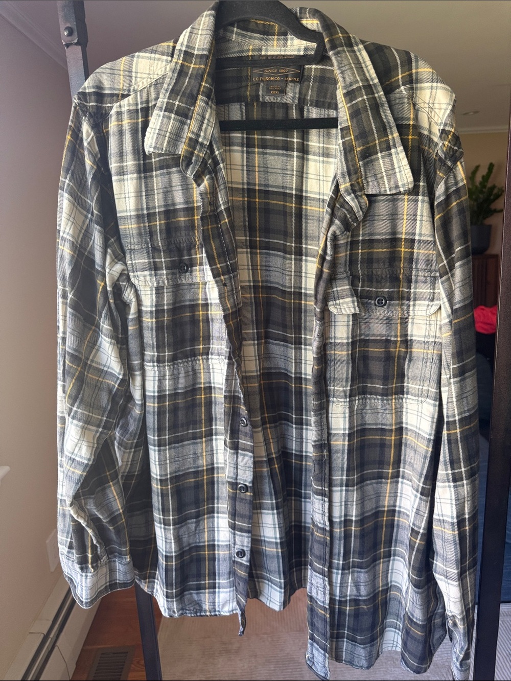Filson Men's Plaid Button-Down Shirt in Black, Green & Cream with Yellow Accent